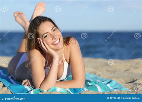 Happy Woman With White Perfect Smile Resting On The Beach Stock Image Image Of Lying