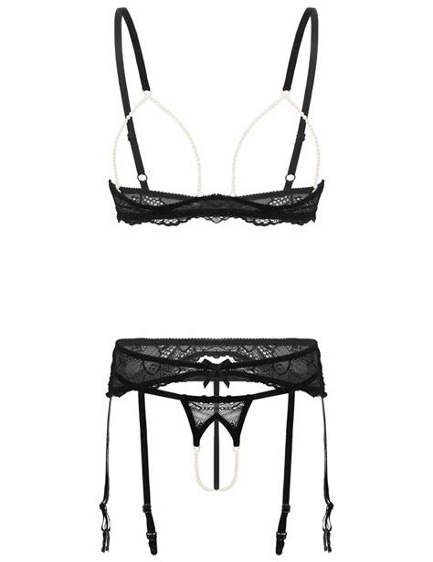 Inlzdz Womens Sexy Pearl Lace Lingerie Set Exposed Breast Bra With Garter Belt And Crotchless G