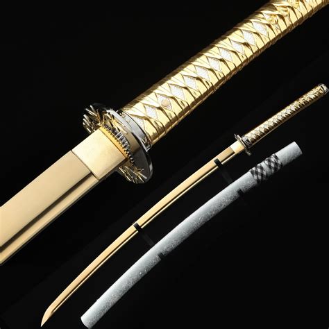 Handmade Japanese Katana Sword With Golden Blade And Bamboo Style Tsuba Truekatana