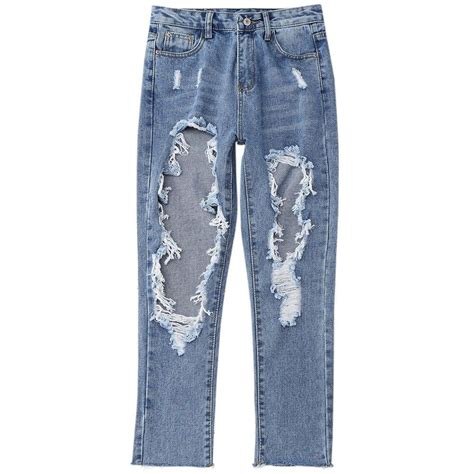 Distressed Front Frayed Hem Jeans Denim Blue 3N22919414 Size S