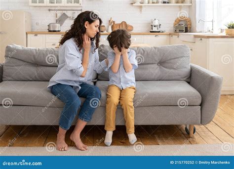 Caring Mom Supporting Little Preschool Son Beautiful Female Parent