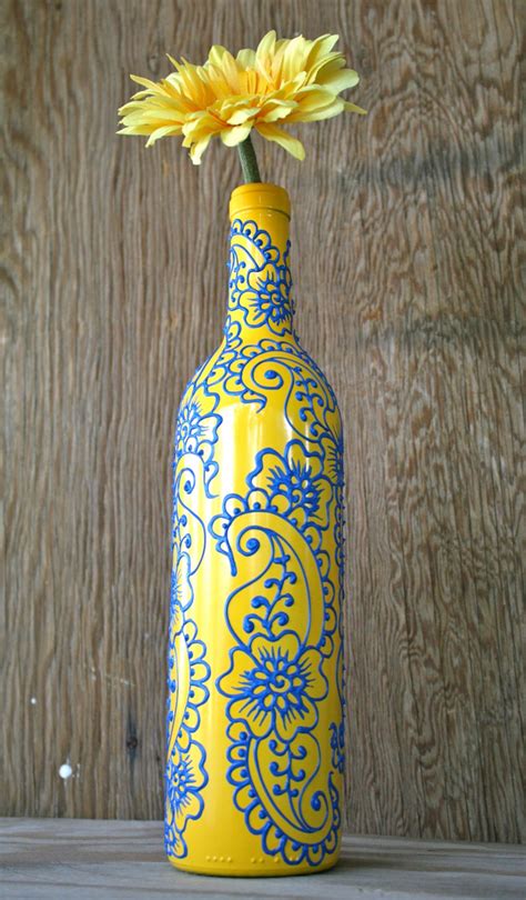 Hand Painted Wine Bottle Vase Sunshine Yellow And Sky Blue Etsy