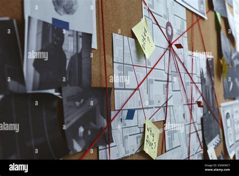 Detective board with crime scene photos, map and clues connected by red
