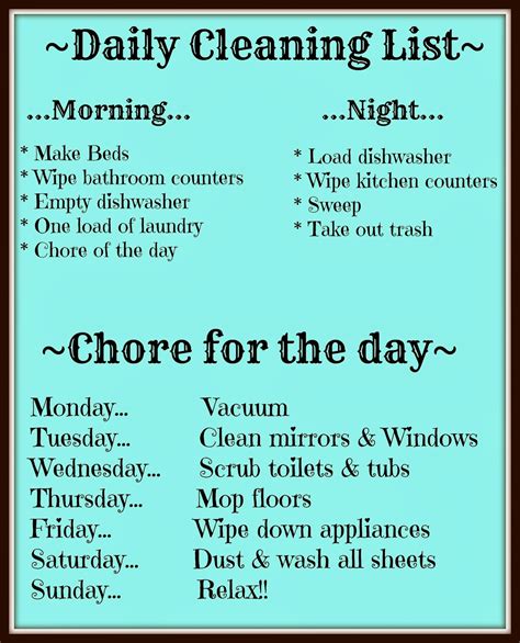 Daily Cleaning Chore Chart Free Printable Images And Photos Finder