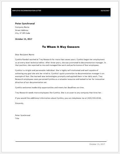 Ms Word Employee Recommendation Letter Template Word Document Templates