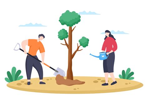 People Planting Trees Flat Cartoon Vector Illustration With Gardening