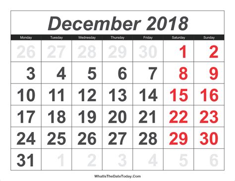 2018 Calendar December With Large Numbers Whatisthedatetodaycom