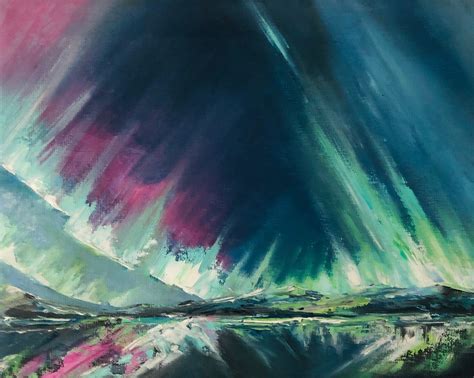 Aurora Borealis Over Mountains Original Oil Painting On Canvas 10x8