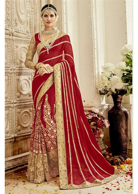 Red Colored Embroidered Faux Georgette Wedding Saree 1104