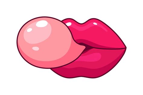 Female Sexy Lips Pink Girl Mouth With Gum Bubble Cartoon Isolated Fa