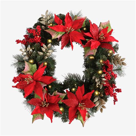 Pre Lit Poinsettia Wreath Wreaths Garlands And Swags Brylane Home
