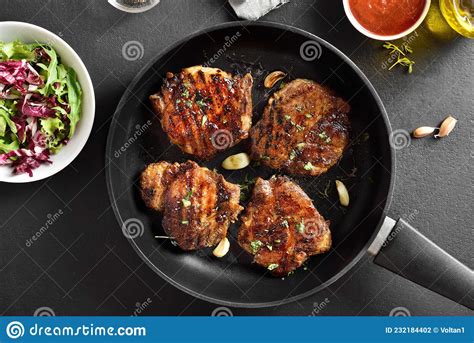 Fried Pork Steaks In Frying Pan Stock Photo Image Of Closeup Grill