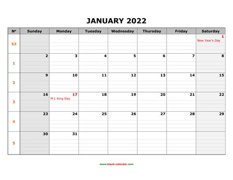 Free Download Printable January 2022 Calendar Large Box Grid Space