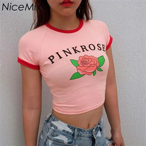 Nicemix 2018 Summer Harajuku Cotton Crop Tops Women Print Pink Rose T Shirt Ladies Slim Kawaii