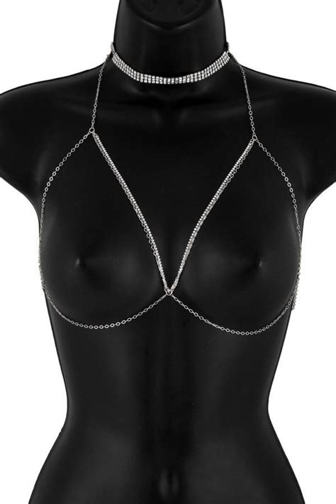 Gold Crystal Choker Collar Necklace Bra Body Chain Piece Bikini Body Chain Choker