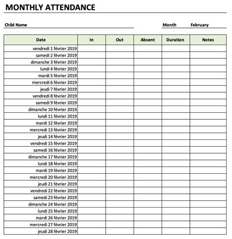 Daycare Attendance Sheet