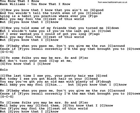 Hank Williams song: You Know That I Know, lyrics and chords