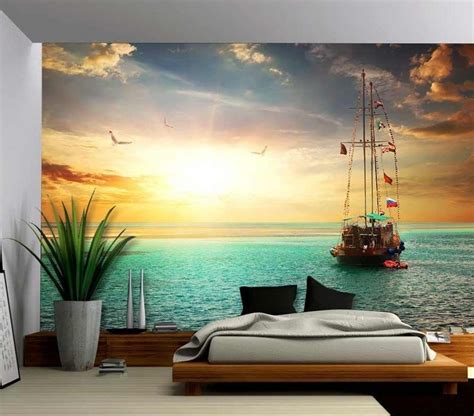 Beautiful Sunset Over Yacht In The Sea Removable Wall Mural
