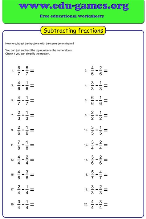 Subtracting Fractions Whole Numbers Worksheets