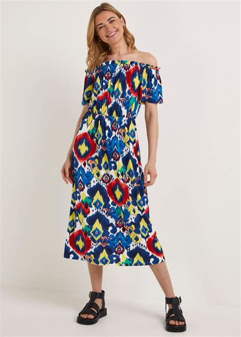 Multicoloured Print Bardot Midi Dress Matalan