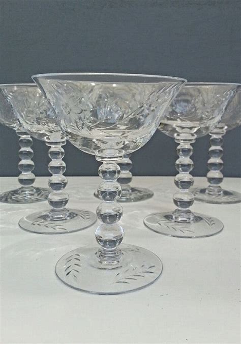 Vintage Crystal Champagne Coupe Glasses ~ Floral Etched ~ Bubble Stem