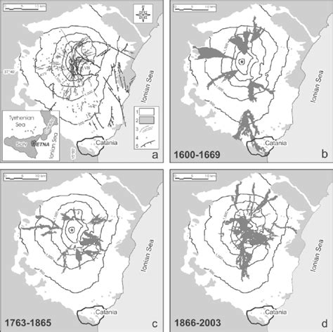 Map Of Mount Etna And Lava Flows Emitted Between 1600 And 2003 A