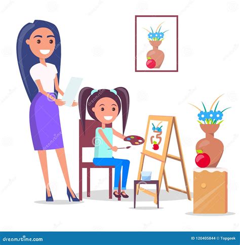Teacher And Pupil In Arts Class In Flat Design Stock Vector Illustration Of Artistic Color