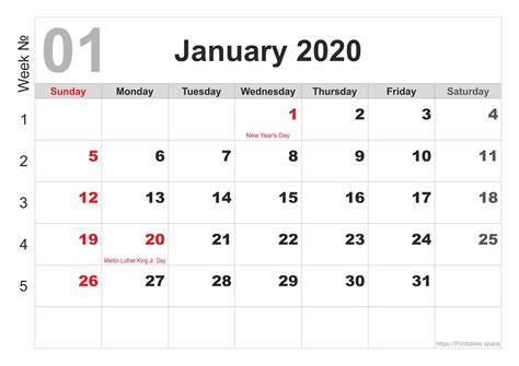 Printable January 2020 Calendar Free Printables