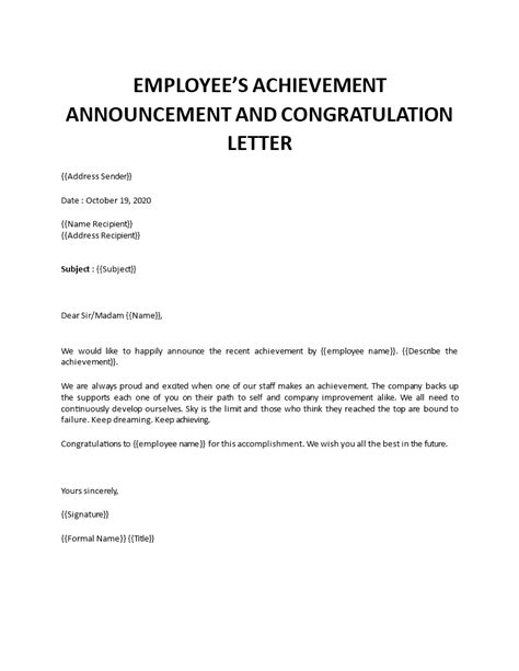 Employee Achievement Congratulation Letter