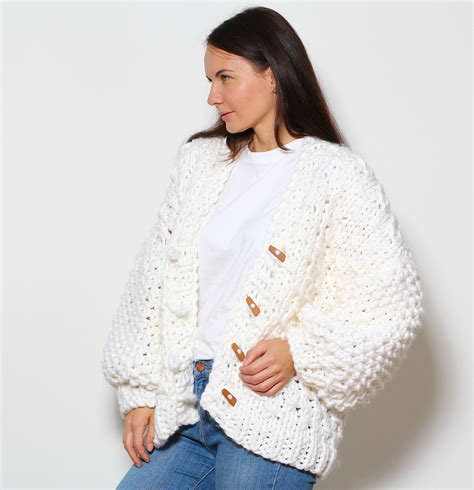 White Wool Chunky Knit Cardigan In Size S M Loose Fit Cardigan Etsy