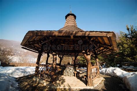 Wooden Gazebo In Winter Time Christmas Vacation Stock Image Image Of