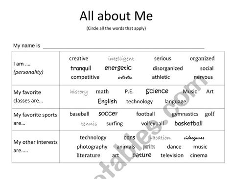 All About Me Esl Worksheet By Anitajacobs