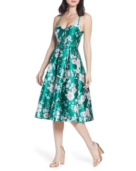 eliza j floral jacquard fit and flare dress in green lyst