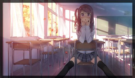 Sitting Kantoku Anime Anime Girls Miniskirt School Uniform