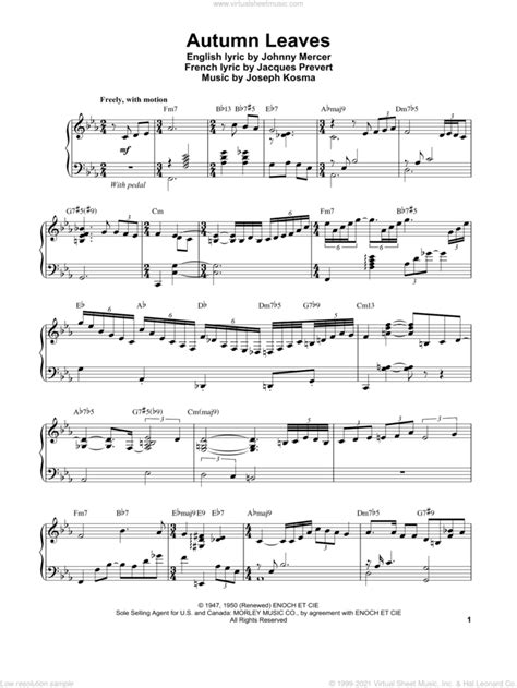 Autumn Leaves Sheet Music For Piano Solo Transcription Pdf