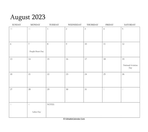 August 2023 Editable Calendar With Holidays