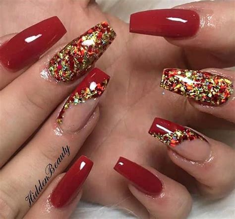 65 Christmas Holiday Coffin Nail Designs In Red And Gold Red And Gold
