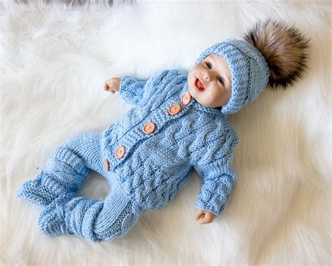 0 3 Months Baby Boy Coming Home Outfit Blue Outfit Hand Knit Baby