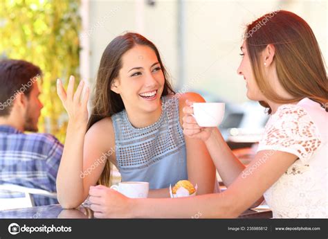 Two Happy Friends Talking Drinking Coffee Shop Terrace Stock Photo By