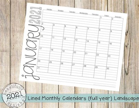 2021 Lined Monthly Calendars 85x11 Landscape Jan Dec Etsy Monthly