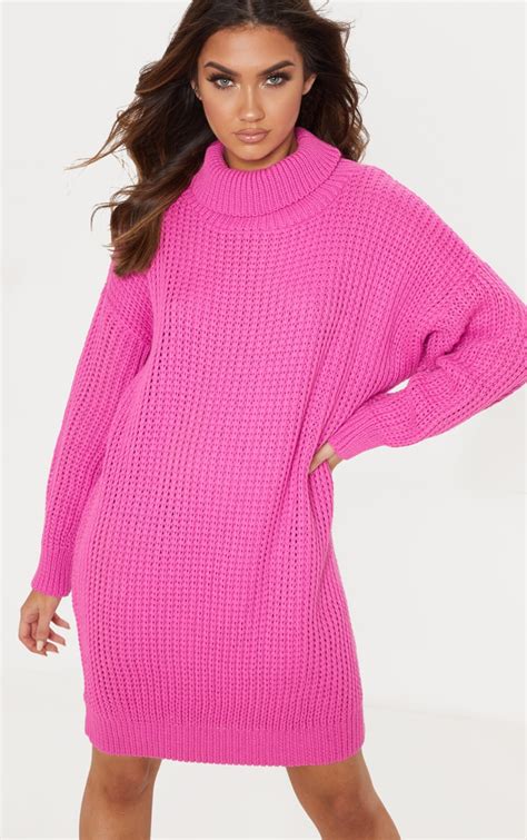Hot Pink Oversized Knitted Jumper Dress Prettylittlething Ca