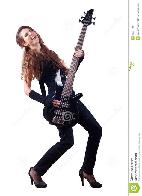 Beautiful Girl With Long Red Hair Playing Bass Guitar