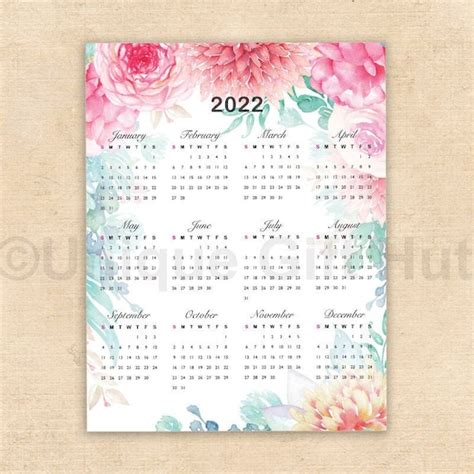 Printable 2022 Watercolor Floral Wall Calendar Watercolor Flower