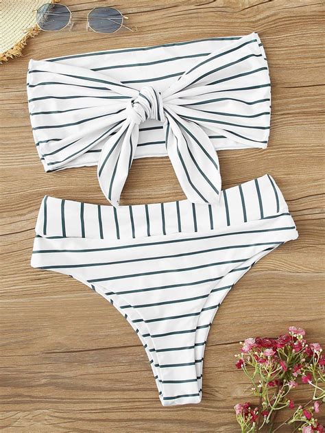 Striped Tie Front Bandeau With High Waist Bikini Set Womens One Piece