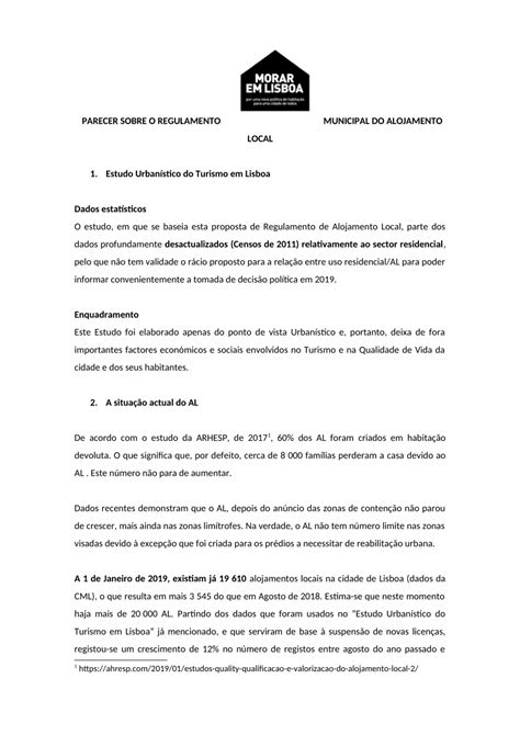 PDF AA VV Parecer Sobre O Regulamento Municipal De Alojamento Local Morar Em