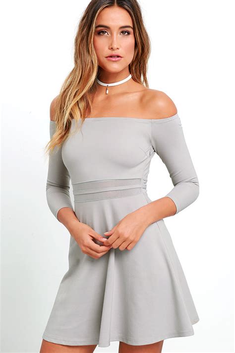 Cute Grey Dress Skater Dress Mesh Dress Off The Shoulder Dress