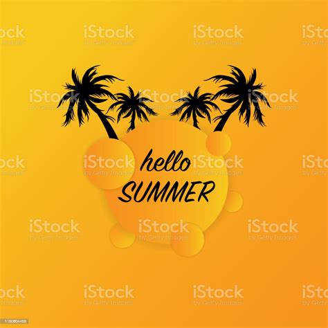 Hello Summer Modern Banner With Green Palm Trees Round Orange Geometric