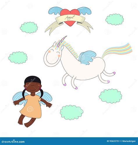 Cute Angel And Unicorn Illustration Stock Vector Illustration Of