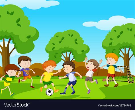 Boys Playing Football In The Park Royalty Free Vector Image