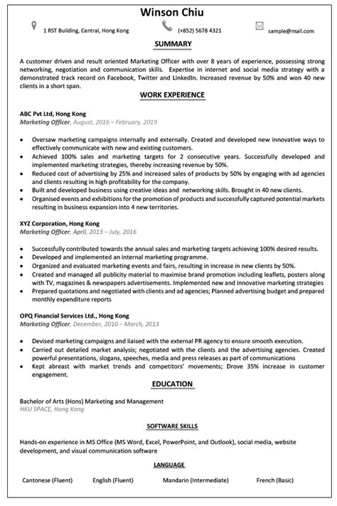 Curriculum vitae (cv) is a detailed account of your qualifications and professional experience. Resume & CV Sample for Marketing Officer | JobsDB Hong Kong